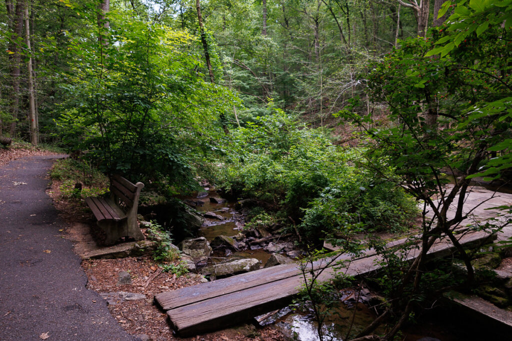 Hacklebarney State Park - Plank bridge next to a bench